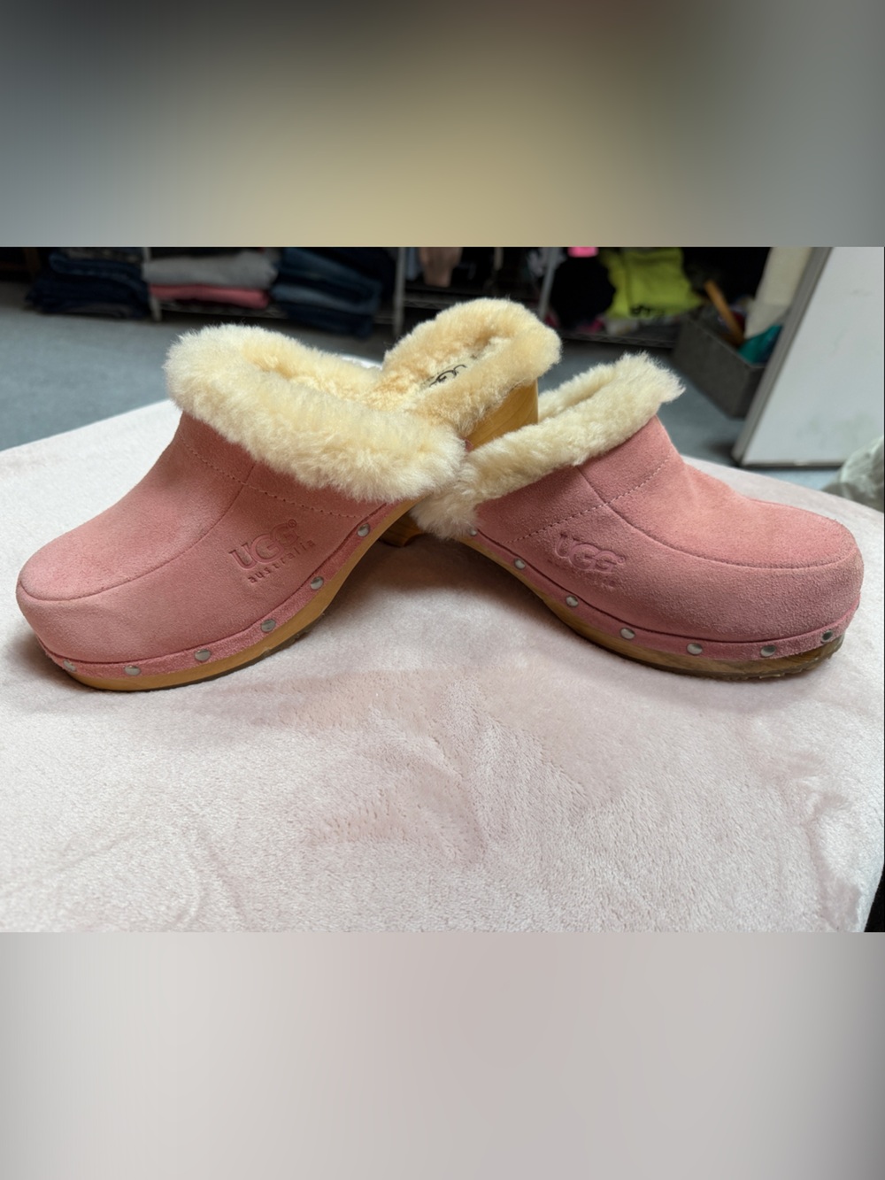 UGG Pink Suede Shearling-Trim Clogs Vintage Have some marks but very light